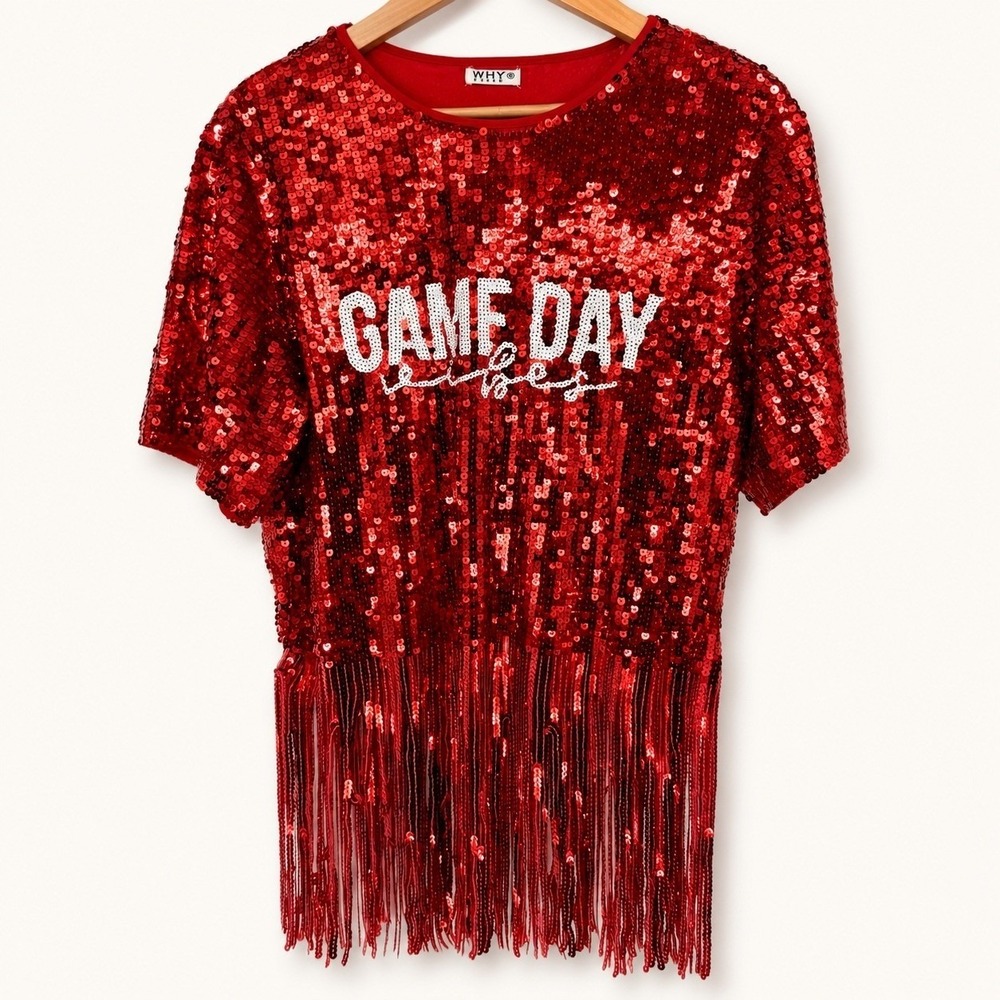 WHY Dress Women Med Shirt Red Sequin Game Day Vibes Fringe Glam Max Team Spirit